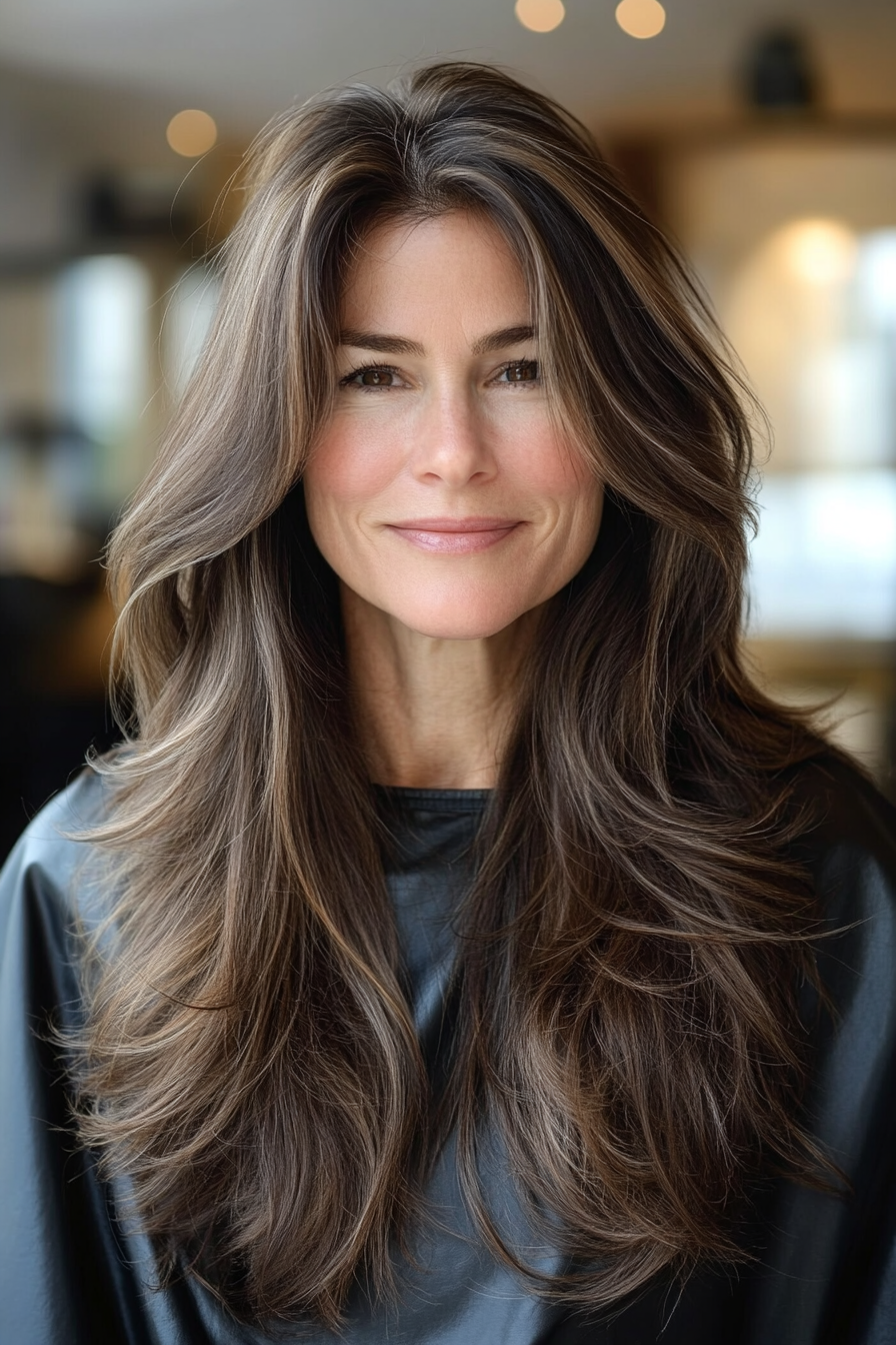 9. Espresso Brown Cascading Layers (Long Hairstyles For Older Women) - Long Hairstyles For Older Women