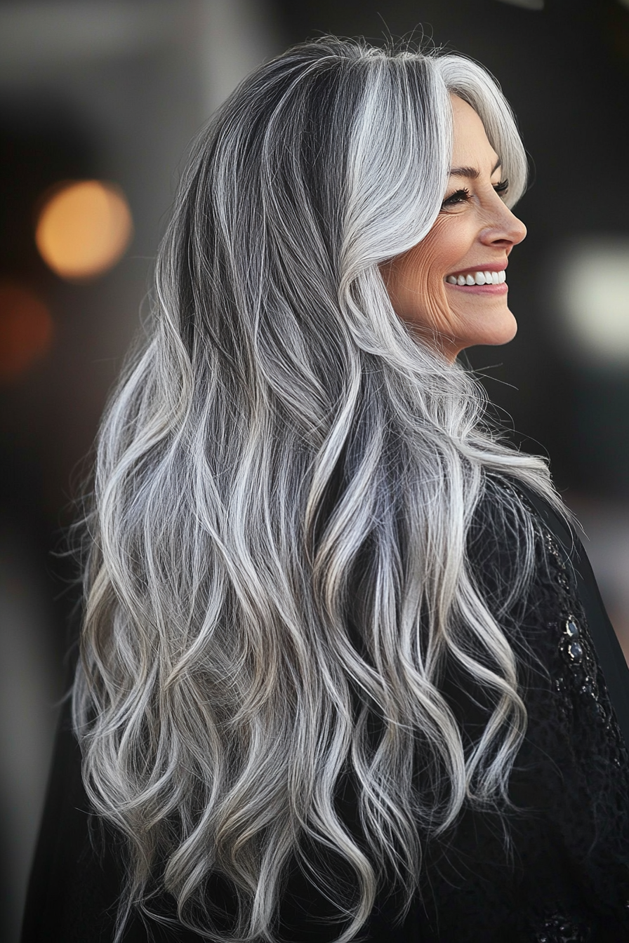 11. Salt-and-Pepper Elegant Waves (Long Hairstyles For Older Women) - Long Hairstyles For Older Women