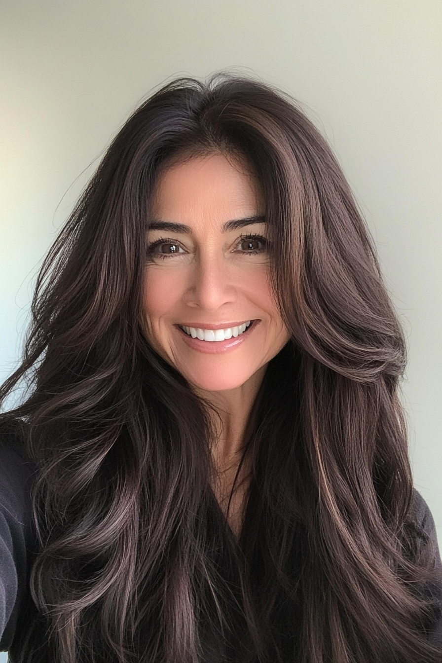 13. Dark Chocolate Tousled Layers (Long Hairstyles For Older Women) - Long Hairstyles For Older Women