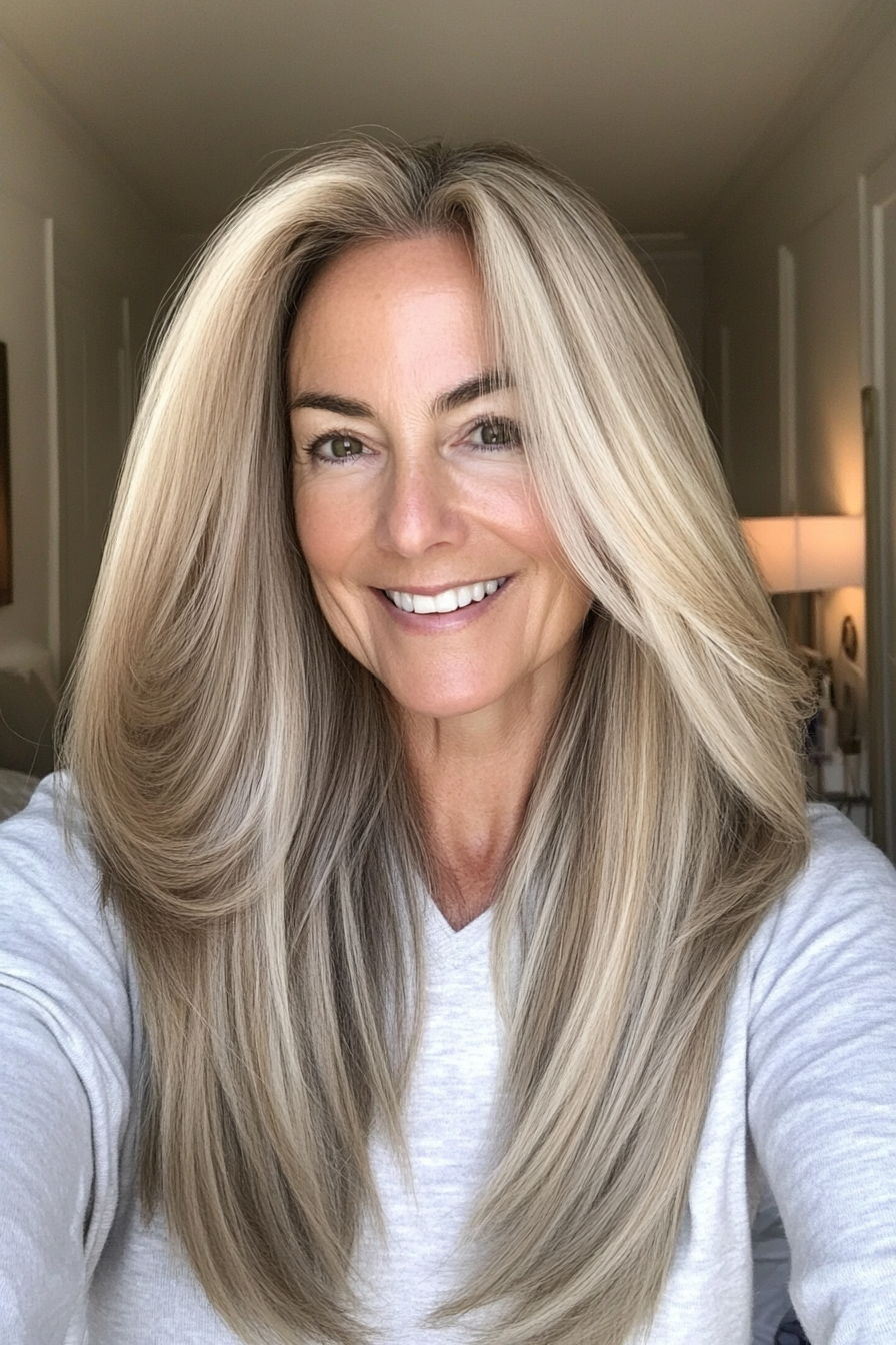 14. Cool Beige Blonde Sleek Layers (Long Hairstyles For Older Women) - Long Hairstyles For Older Women