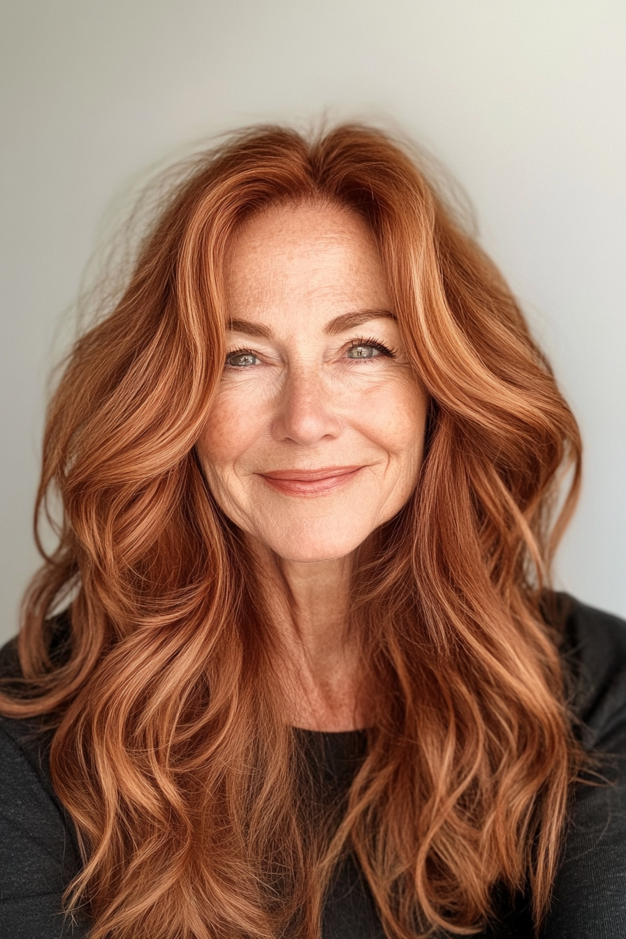 16. Copper Brown Textured Waves (Long Hairstyles For Older Women) - Long Hairstyles For Older Women