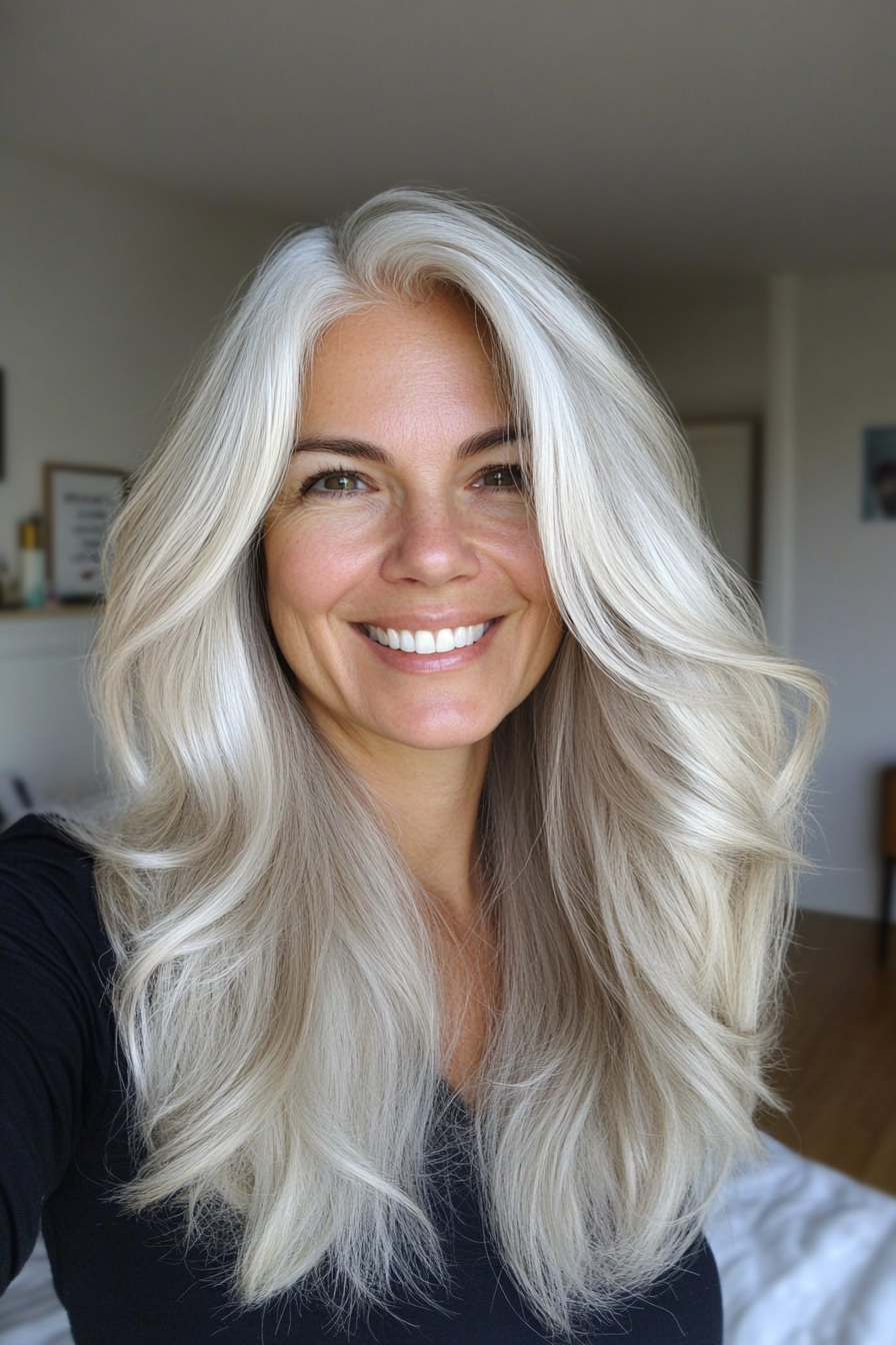 19. Silver Blonde Feathered Ends (Long Hairstyles For Older Women) - Long Hairstyles For Older Women