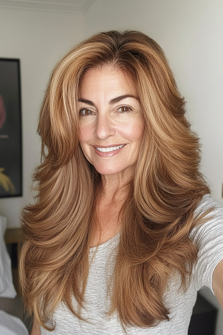 21. Soft Golden Brown Long Shag (Long Hairstyles For Older Women) - Long Hairstyles For Older Women