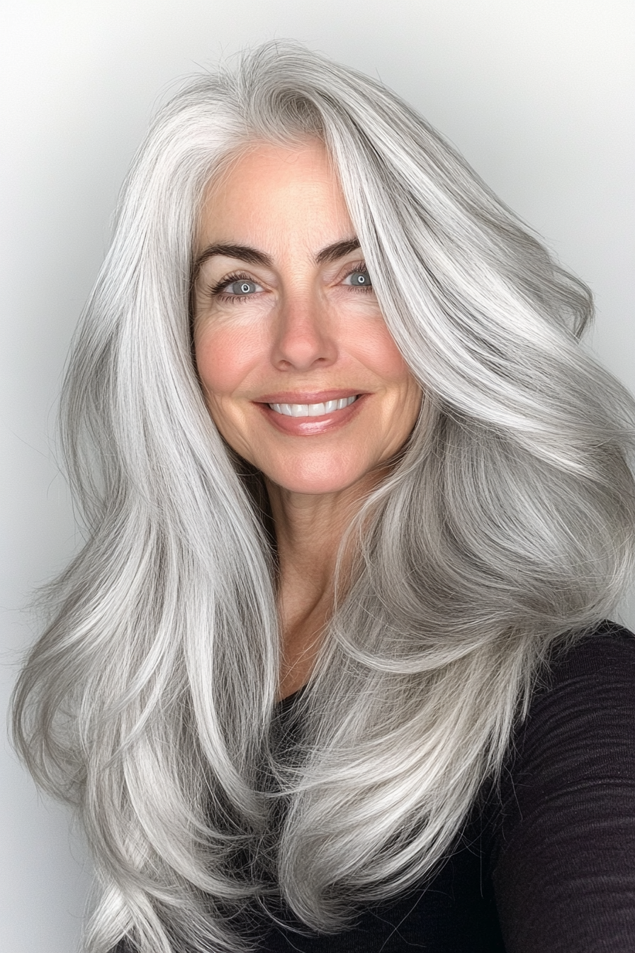 27. Silver Ash Long Layers (Long Hairstyles For Older Women) - Long Hairstyles For Older Women