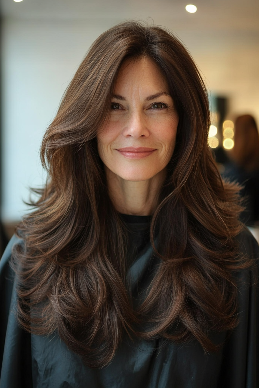 2. Face-Framing Layers with Deep Brunette (Long Hairstyles For Women Over 50) - Long Hairstyles For Women Over 50