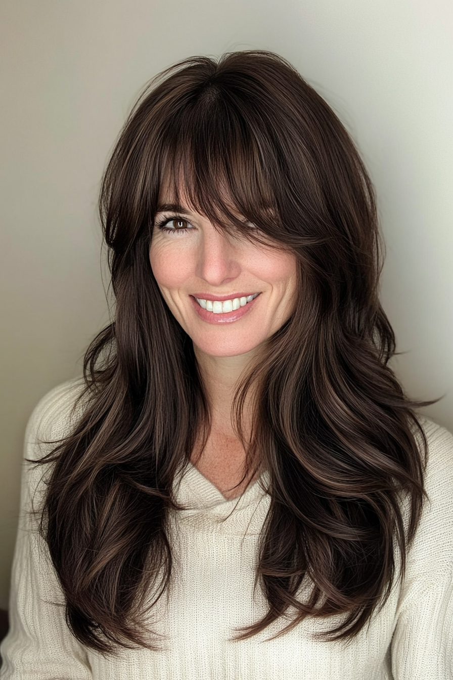 4. Long Curtain Bangs with Dark Chocolate Brown (Long Hairstyles For Women Over 50) - Long Hairstyles For Women Over 50
