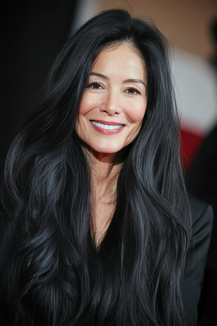 5. Sleek One-Length Cut with Jet Black (Long Hairstyles For Women Over 50) - Long Hairstyles For Women Over 50