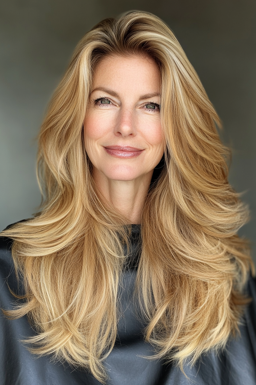 8. Side-Parted Layers with Honey Blonde (Long Hairstyles For Women Over 50) - Long Hairstyles For Women Over 50