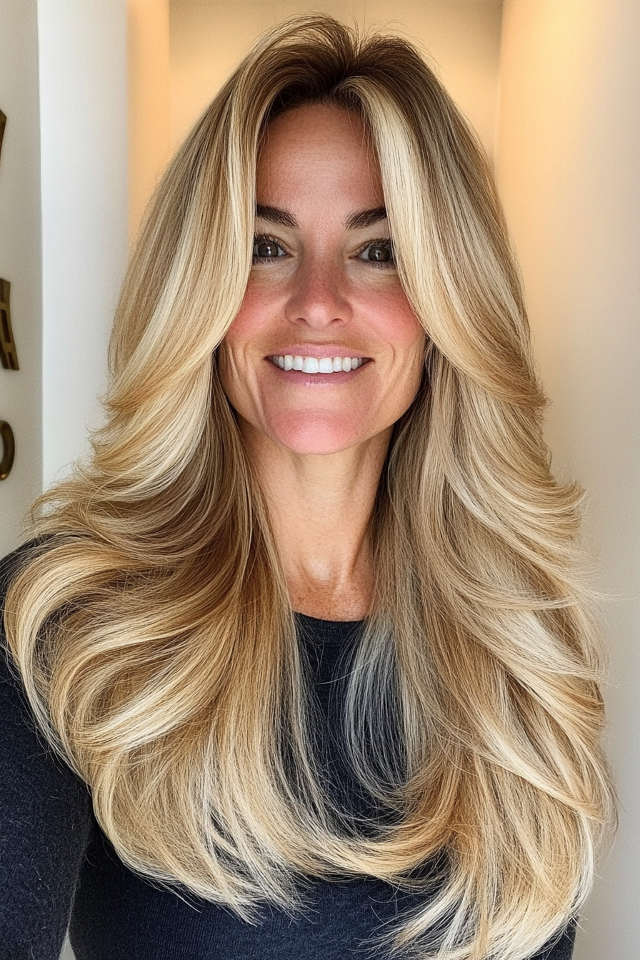 9. Voluminous Blowout with Sandy Blonde (Long Hairstyles For Women Over 50) - Long Hairstyles For Women Over 50