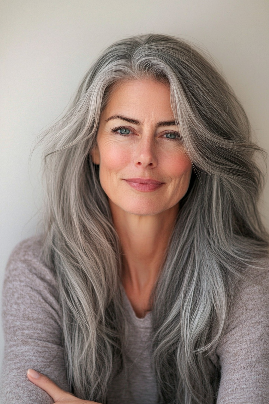 12. Long Shag with Natural Gray (Long Hairstyles For Women Over 50) - Long Hairstyles For Women Over 50