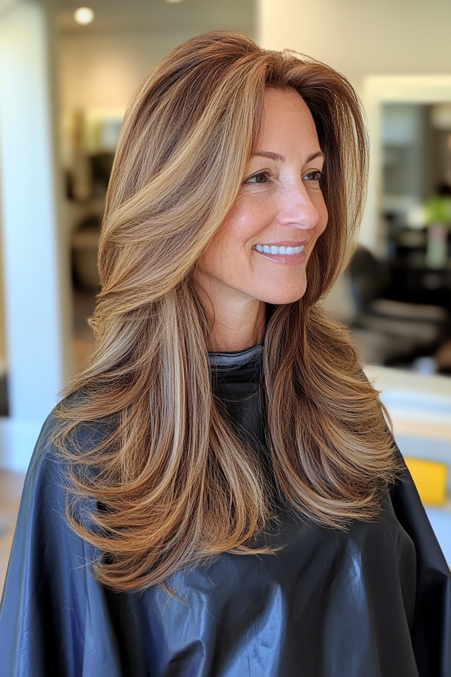 14. Layered V-Cut with Medium Brown (Long Hairstyles For Women Over 50) - Long Hairstyles For Women Over 50