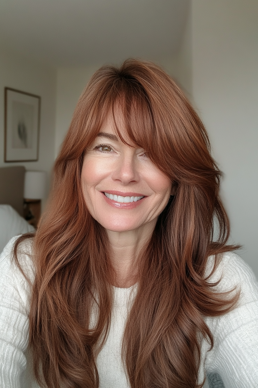 16. Side-Swept Bangs with Warm Chestnut (Long Hairstyles For Women Over 50) - Long Hairstyles For Women Over 50