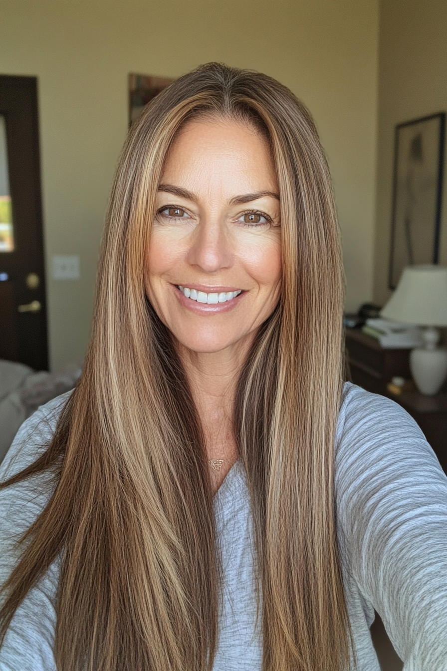 17. Long & Sleek with Light Brown Balayage (Long Hairstyles For Women Over 50) - Long Hairstyles For Women Over 50