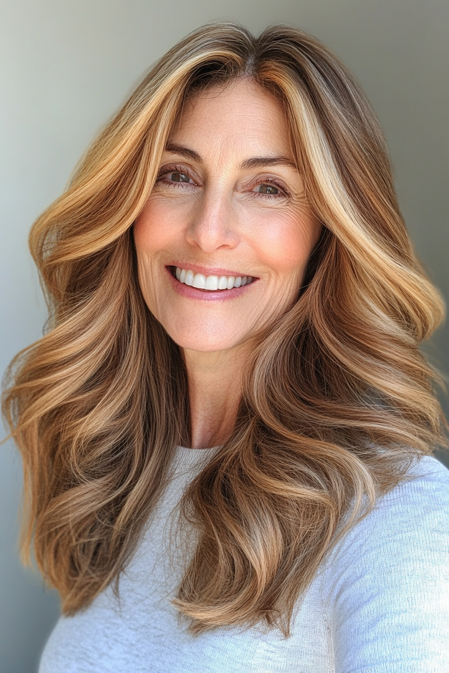 18. Textured Ends with Golden Brunette (Long Hairstyles For Women Over 50) - Long Hairstyles For Women Over 50