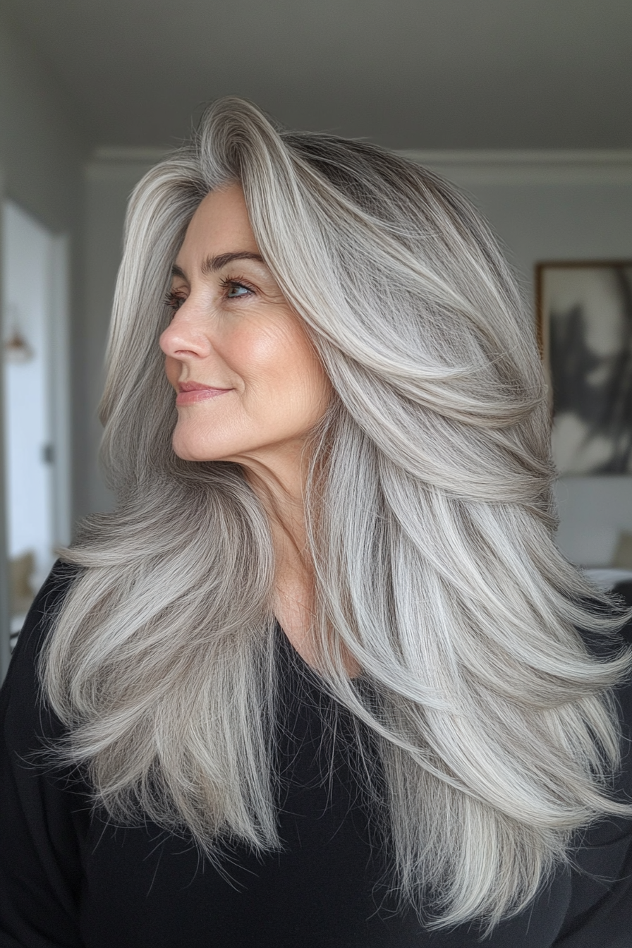 19. Classic Layered Cut with Salt & Pepper Blend (Long Hairstyles For Women Over 50) - Long Hairstyles For Women Over 50