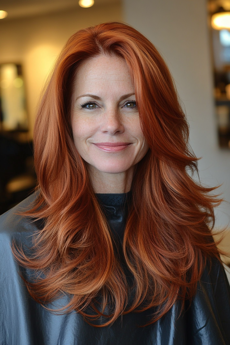 20. Waterfall Layers with Copper Red (Long Hairstyles For Women Over 50) - Long Hairstyles For Women Over 50
