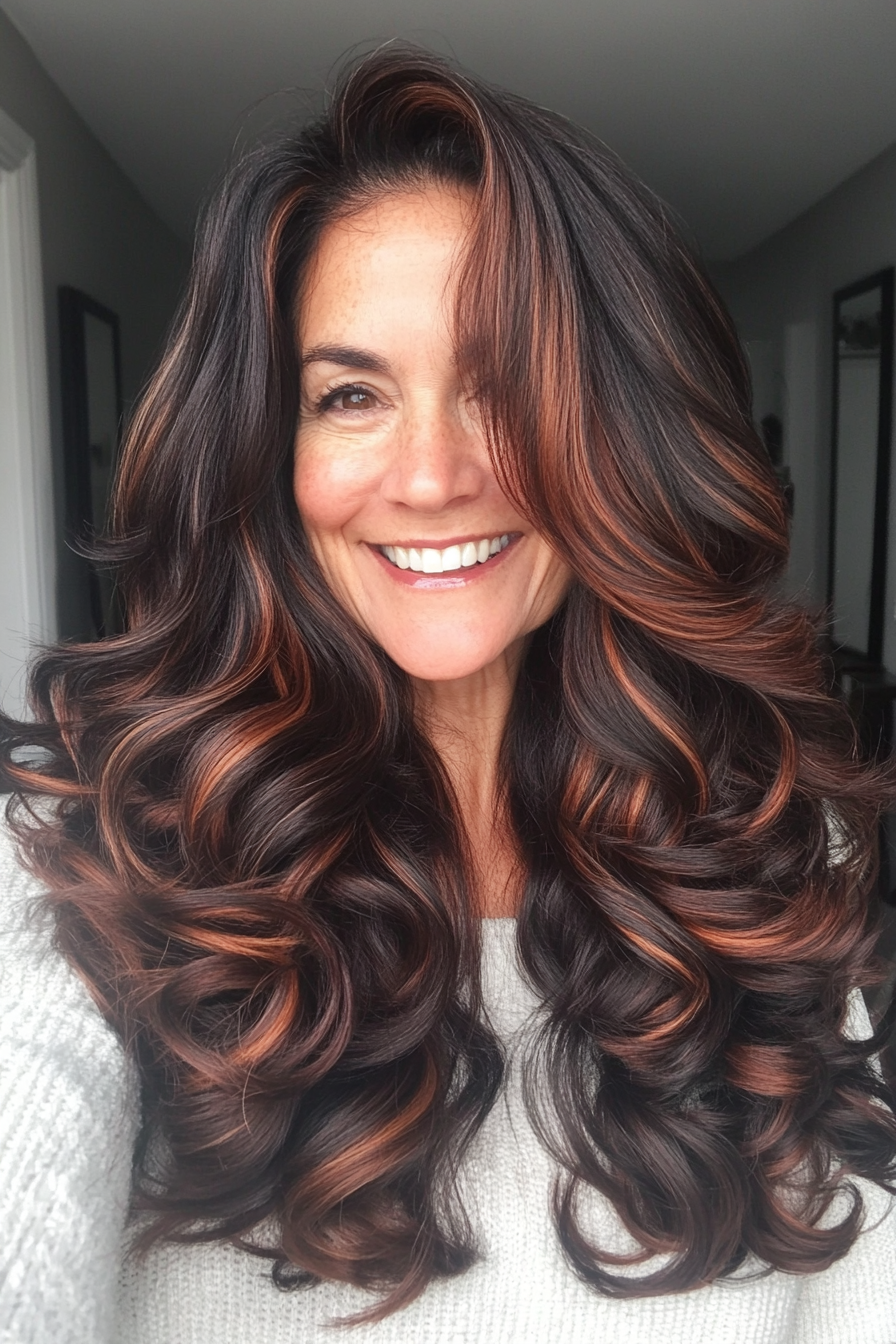 23. Full Volume Curls with Chocolate Mahogany (Long Hairstyles For Women Over 50) - Long Hairstyles For Women Over 50