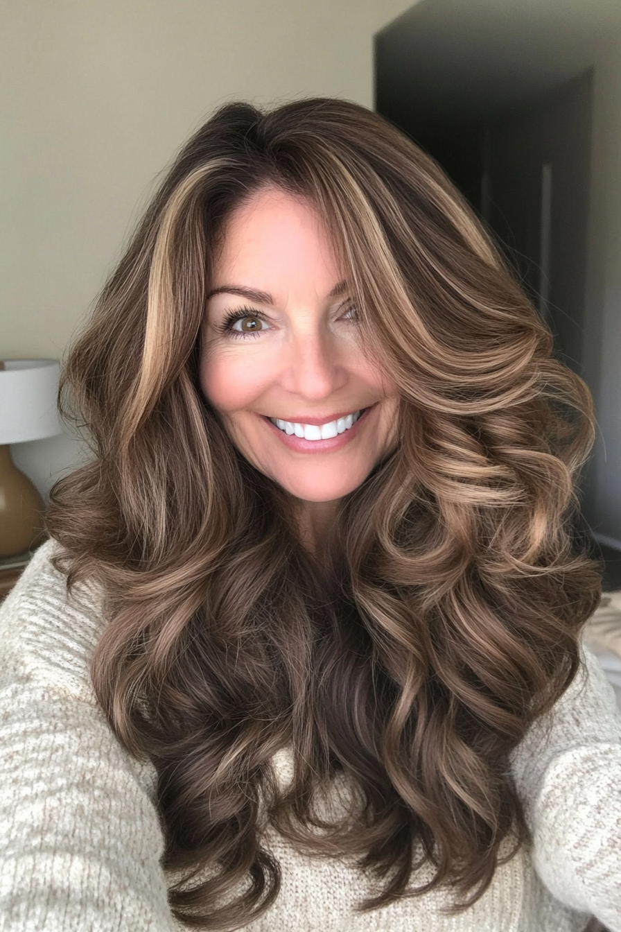 24. Romantic Loose Curls with Caramel Brunette (Long Hairstyles For Women Over 50) - Long Hairstyles For Women Over 50