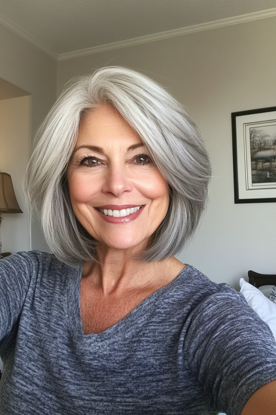 1. Soft Layered Bob in Silver Grey (Short Bob Haircuts For Women Over 60) - Short Bob Haircuts For Women Over 60