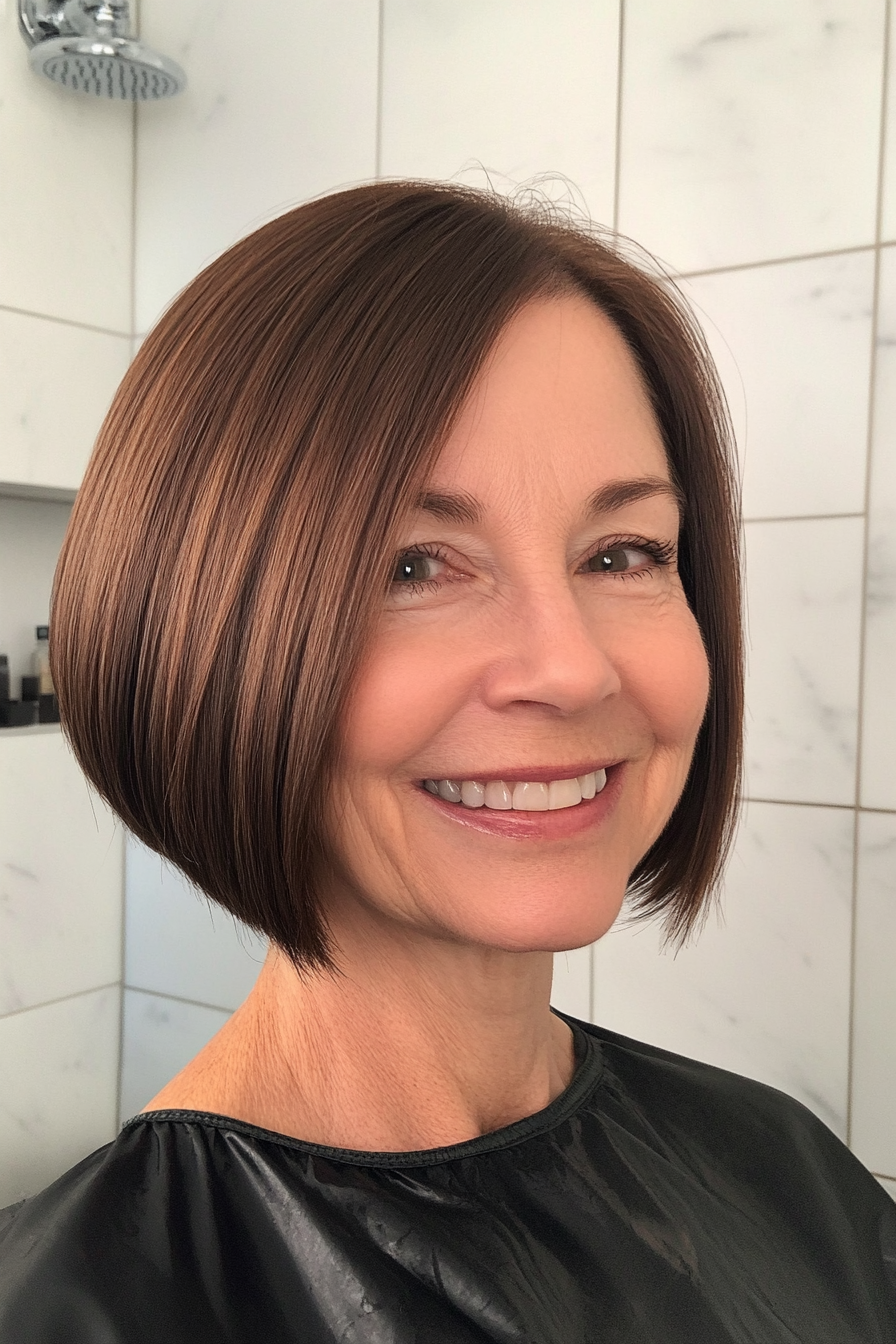 2. Chin-Length Blunt Bob in Warm Brown (Short Bob Haircuts For Women Over 60) - Short Bob Haircuts For Women Over 60