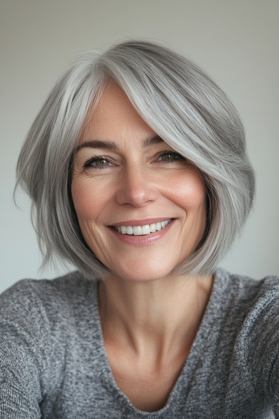 3. Feathered Bob with Side Bangs in Salt and Pepper (Short Bob Haircuts For Women Over 60) - Short Bob Haircuts For Women Over 60