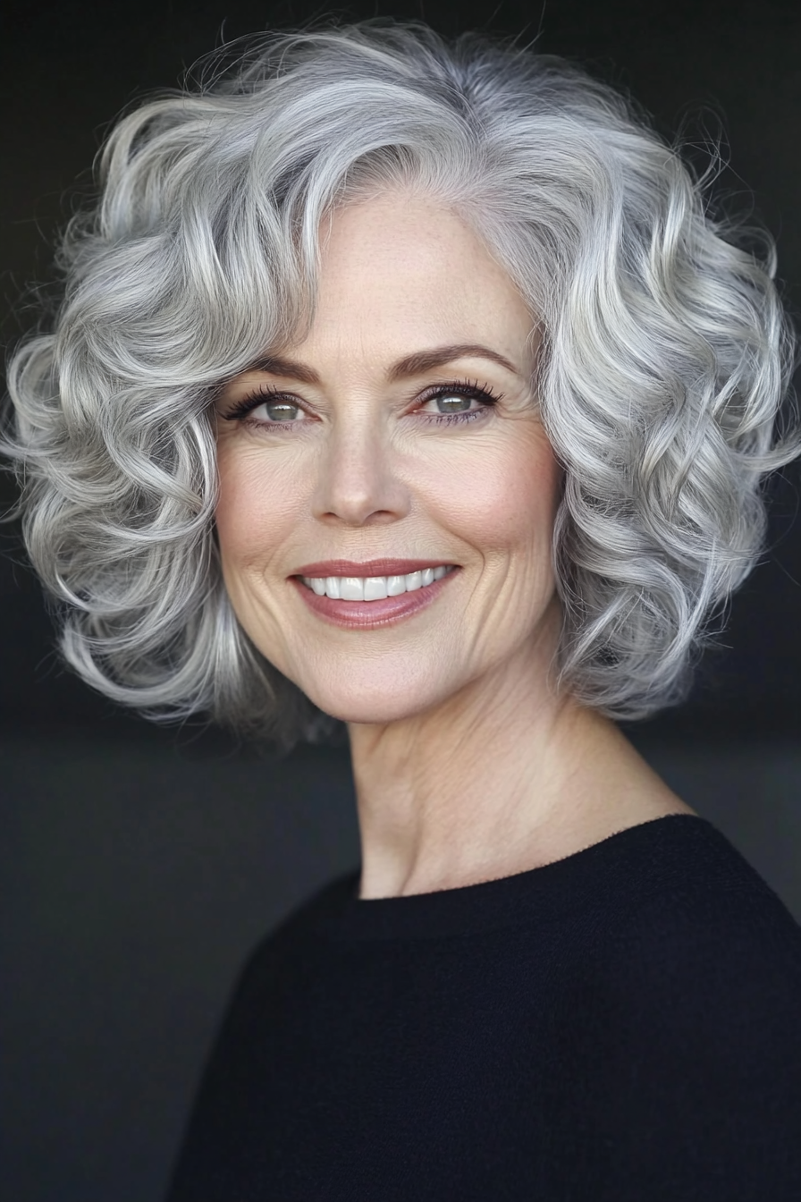 6. Curly Bob in Silver Blonde (Short Bob Haircuts For Women Over 60) - Short Bob Haircuts For Women Over 60