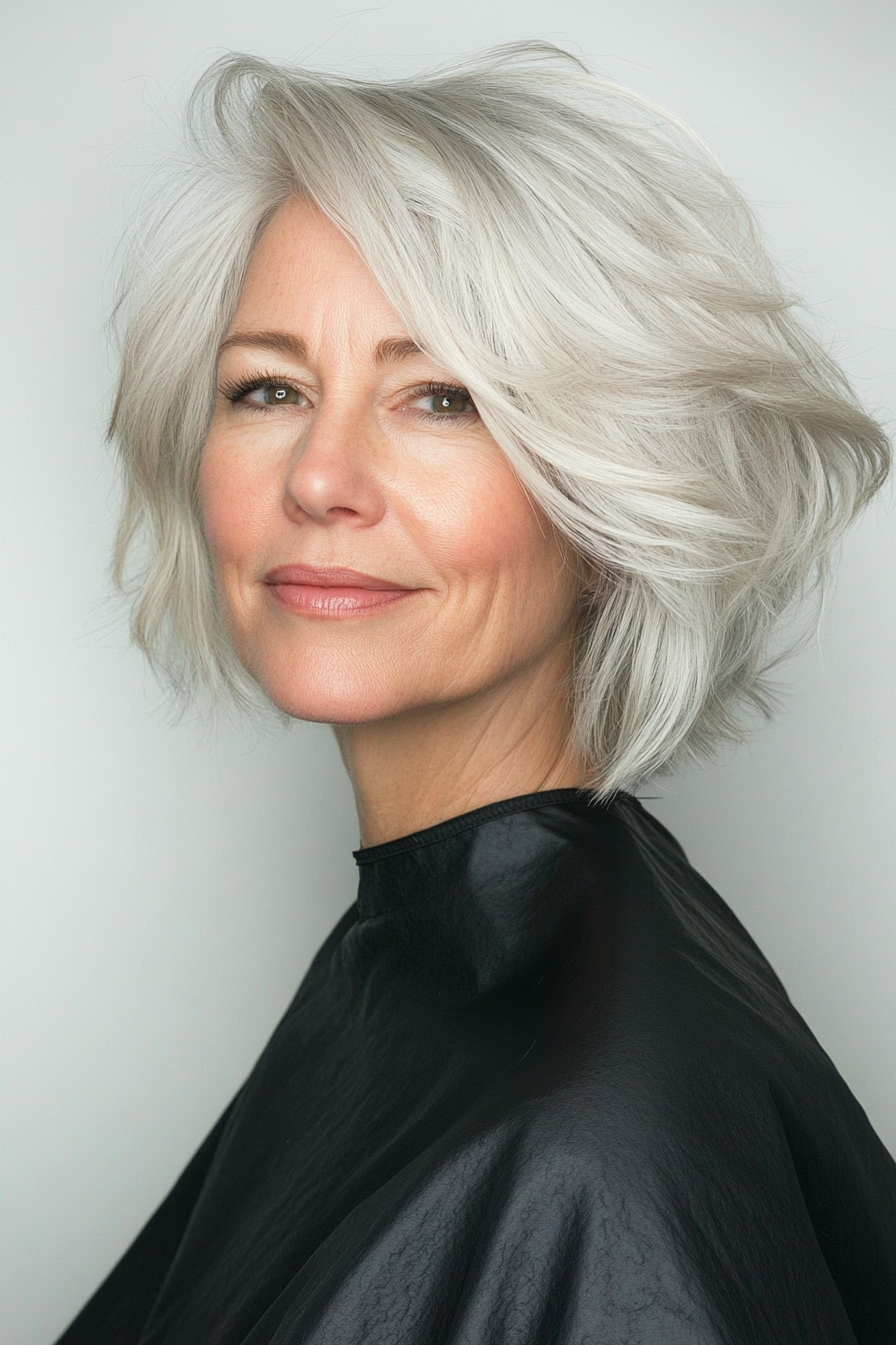 12. Asymmetrical Bob in Light Grey (Short Bob Haircuts For Women Over 60) - Short Bob Haircuts For Women Over 60