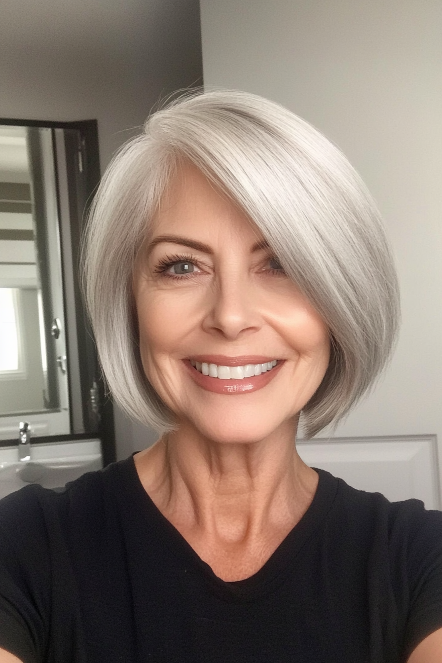 14. Classic Bob with Side Part in White Grey (Short Bob Haircuts For Women Over 60) - Short Bob Haircuts For Women Over 60