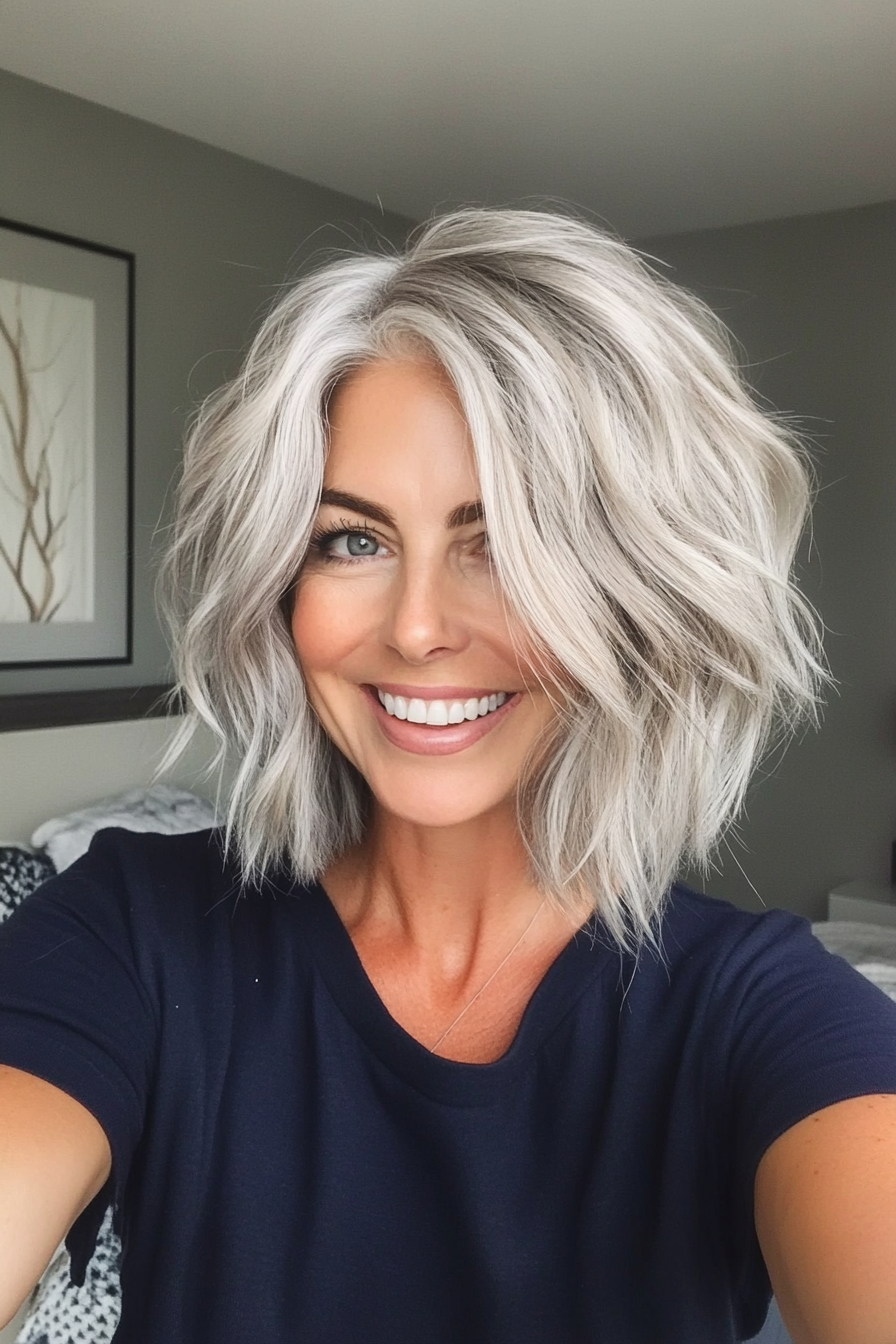 17. Messy Textured Bob in Silver Ash Blonde (Short Bob Haircuts For Women Over 60) - Short Bob Haircuts For Women Over 60