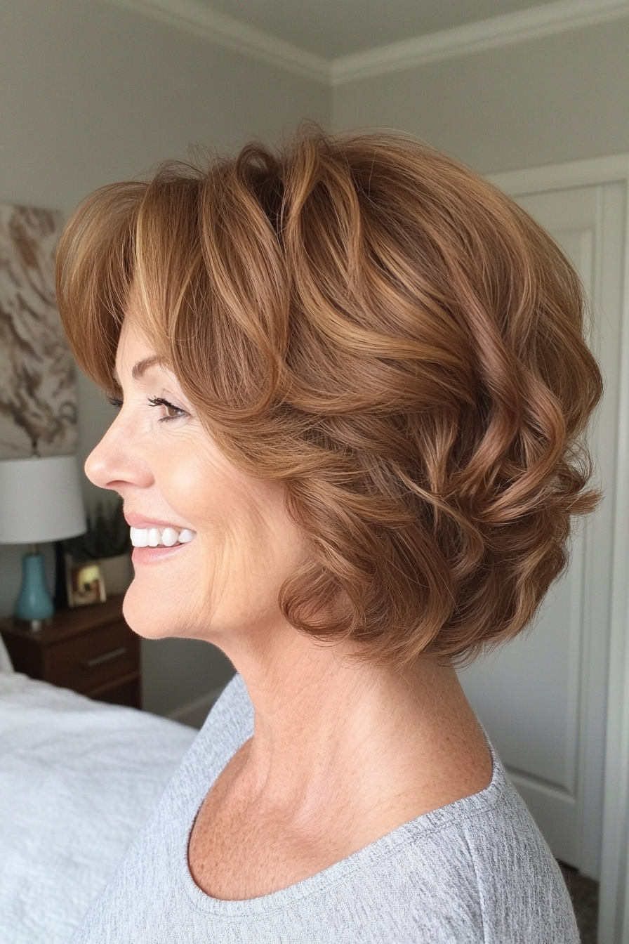 19. Bouncy Bob with Soft Curls in Warm Caramel Brown (Short Bob Haircuts For Women Over 60) - Short Bob Haircuts For Women Over 60