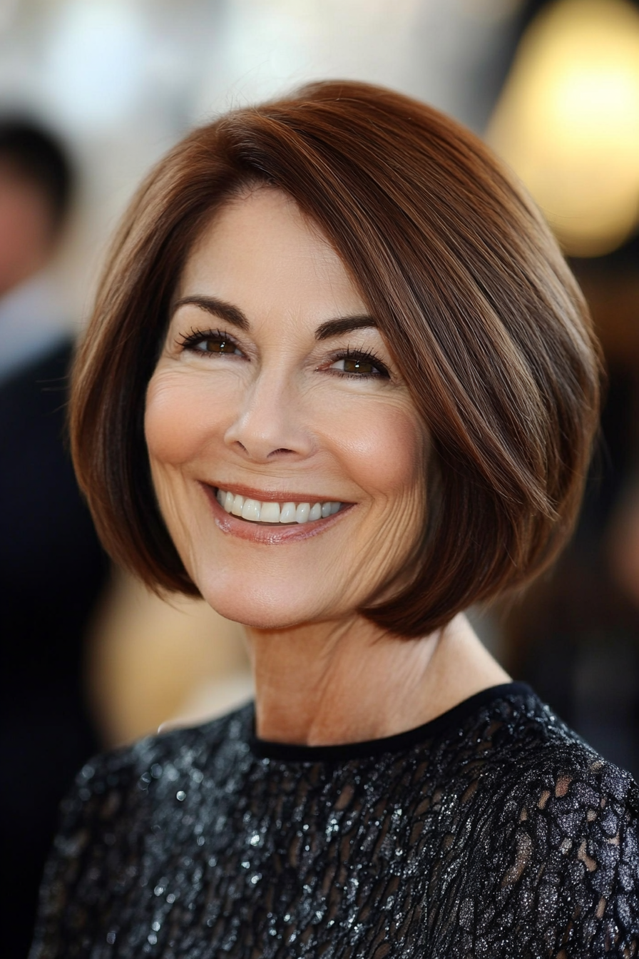 23. Graduated Bob in Dark Chestnut Brown (Short Bob Haircuts For Women Over 60) - Short Bob Haircuts For Women Over 60