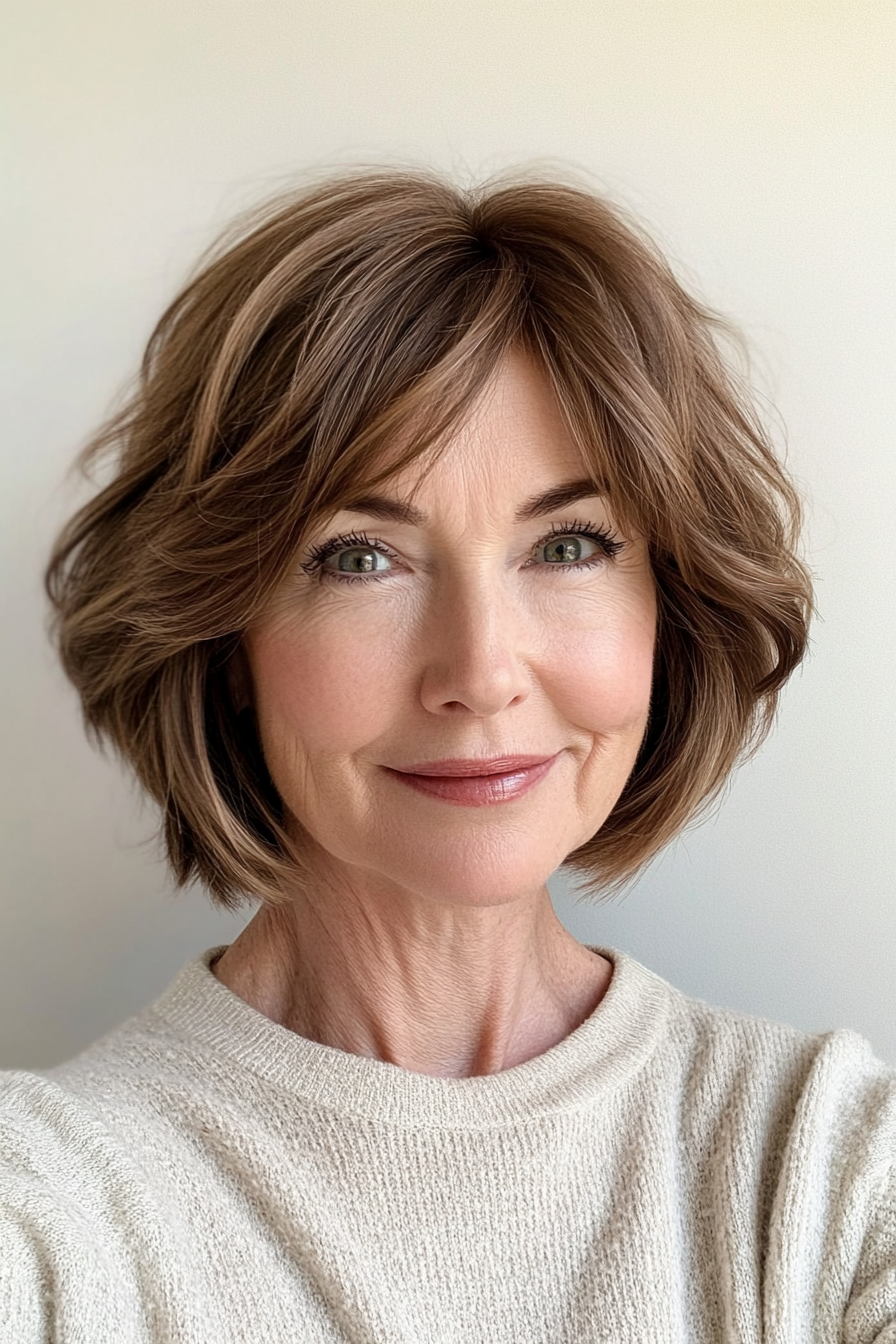 27. Textured Bob with Soft Bangs in Ash Brown (Short Bob Haircuts For Women Over 60) - Short Bob Haircuts For Women Over 60