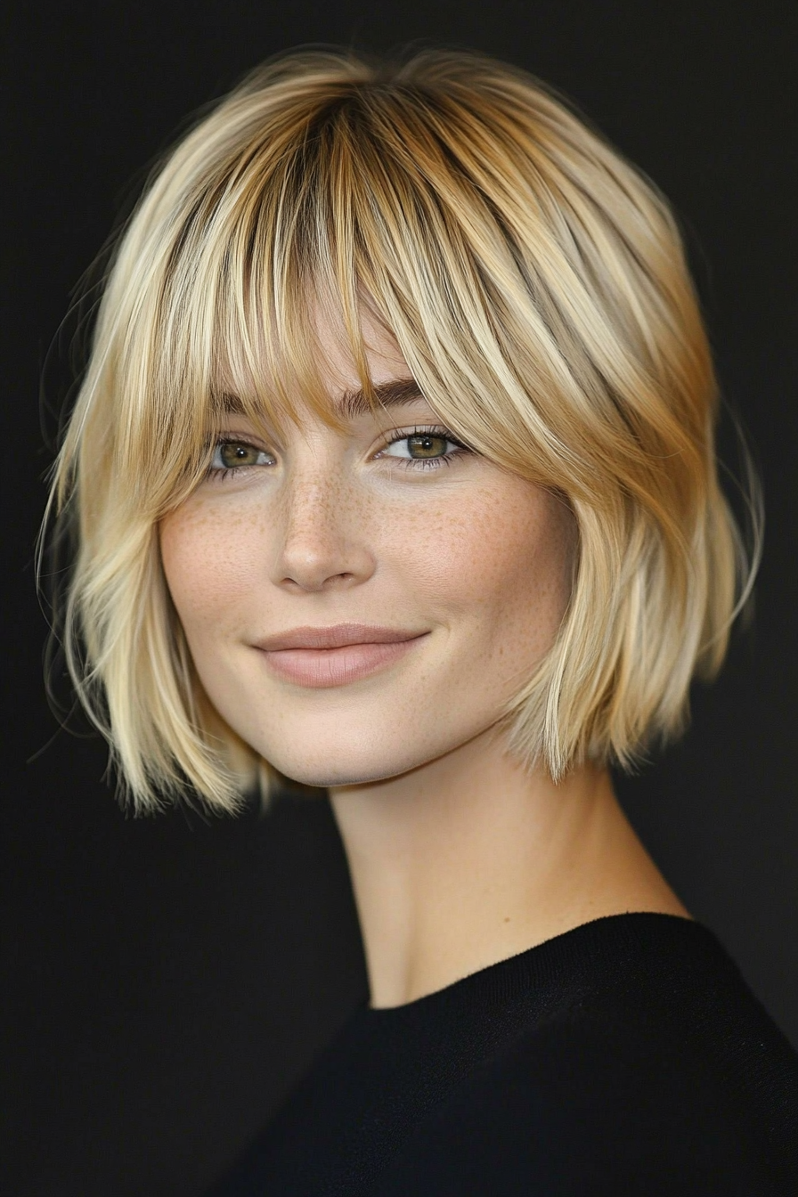1. Soft Layered Bob in Warm Honey Blonde (Short Blonde Hairstyles With Bangs) - Short Blonde Hairstyles With Bangs