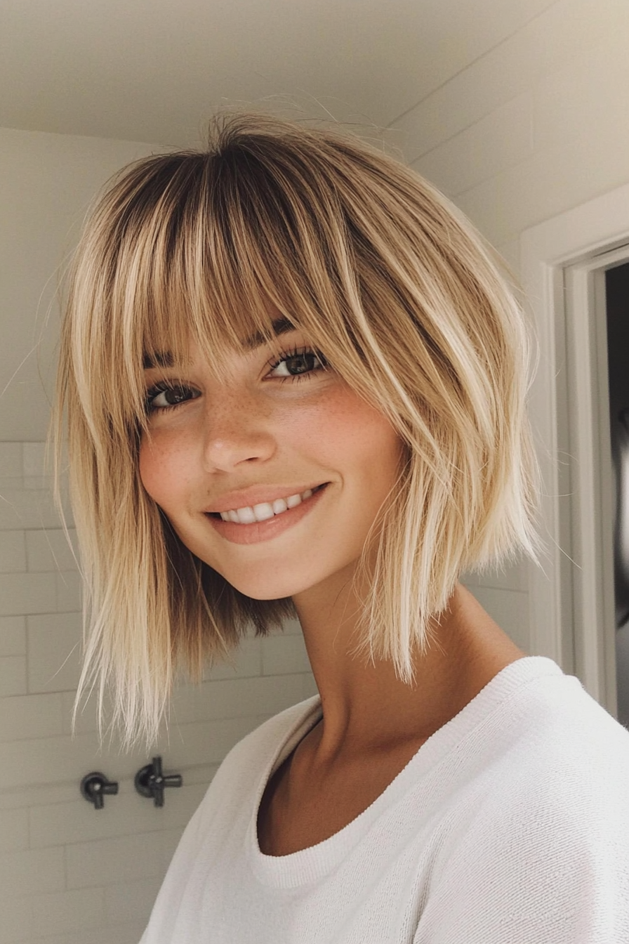 3. Wispy Bangs with a Choppy Lob in Dark Golden Blonde (Short Blonde Hairstyles With Bangs) - Short Blonde Hairstyles With Bangs
