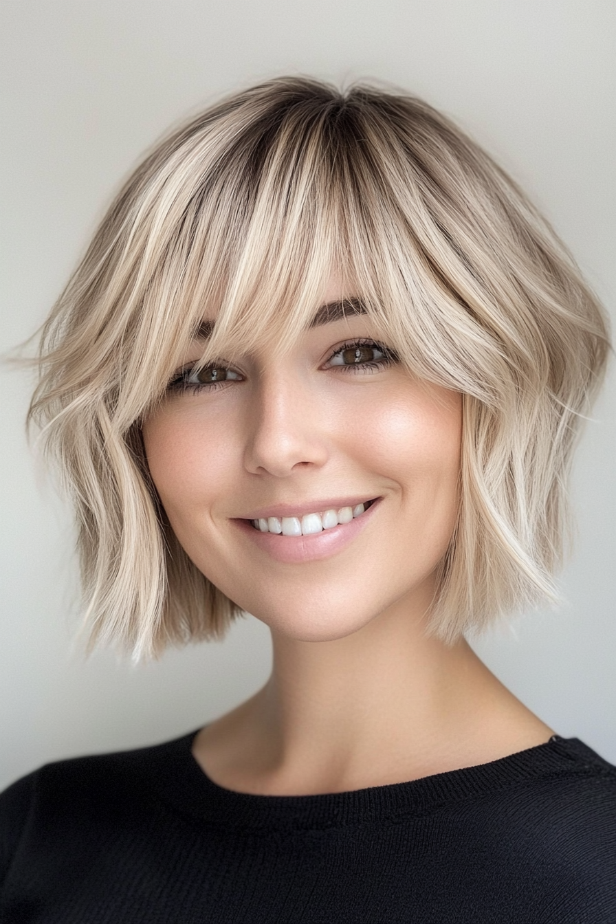 4. Curved Bob with Feathered Bangs in Soft Beige Blonde (Short Blonde Hairstyles With Bangs) - Short Blonde Hairstyles With Bangs
