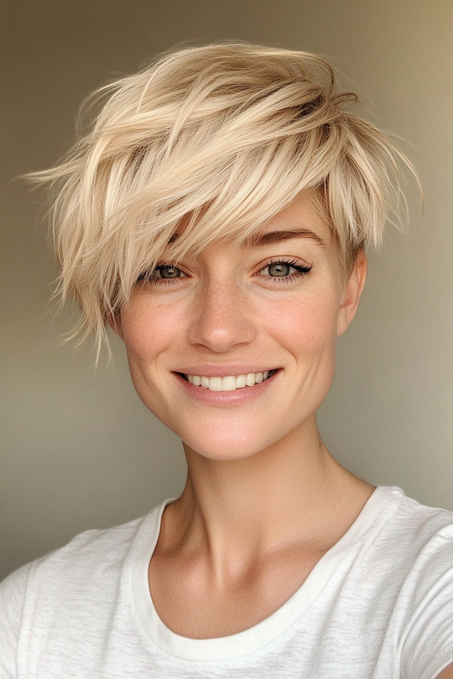 6. Tousled Pixie with Side-Swept Bangs in Sandy Blonde (Short Blonde Hairstyles With Bangs) - Short Blonde Hairstyles With Bangs