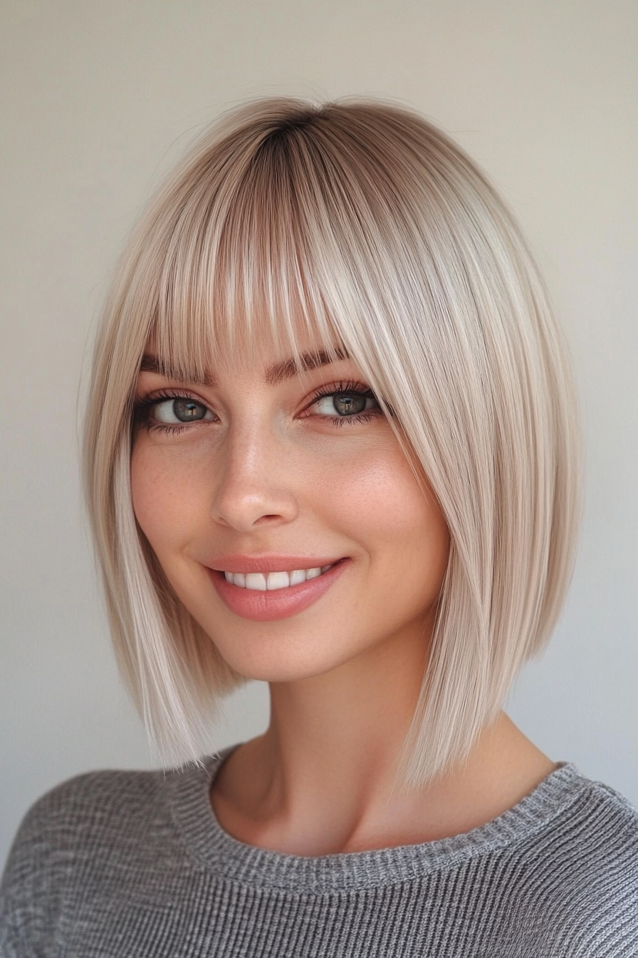 7. Sleek A-Line Bob with Wispy Curtain Bangs in Cool Platinum Blonde (Short Blonde Hairstyles With Bangs) - Short Blonde Hairstyles With Bangs