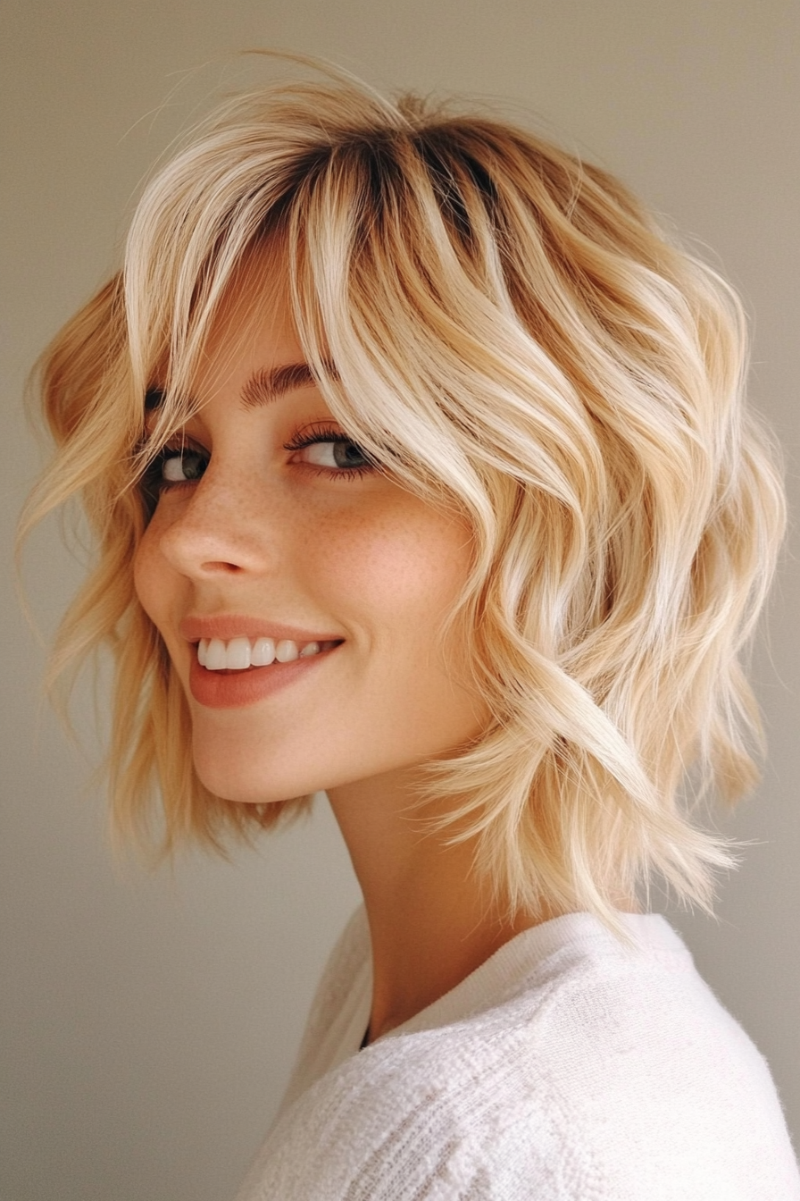 9. Short Wavy Bob with Side Bangs in Golden Blonde (Short Blonde Hairstyles With Bangs) - Short Blonde Hairstyles With Bangs