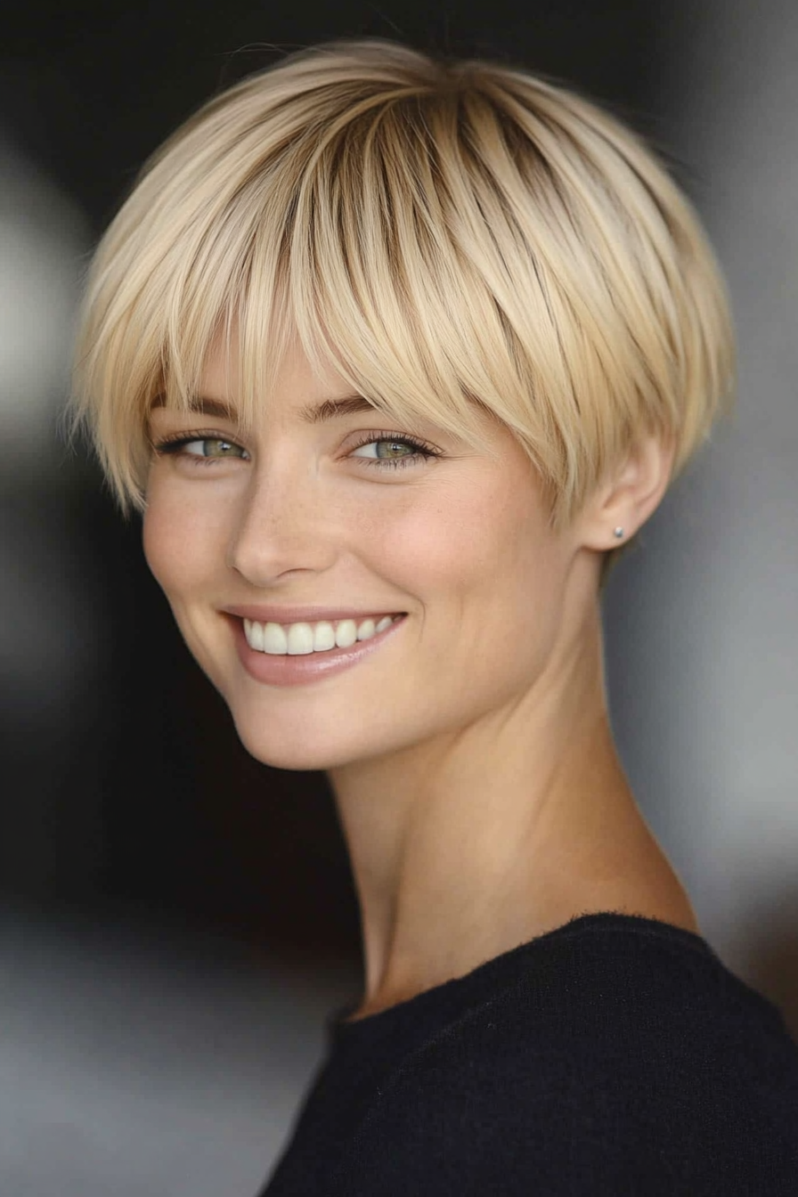 10. Pixie Bob with Tapered Bangs in Soft Buttery Blonde (Short Blonde Hairstyles With Bangs) - Short Blonde Hairstyles With Bangs