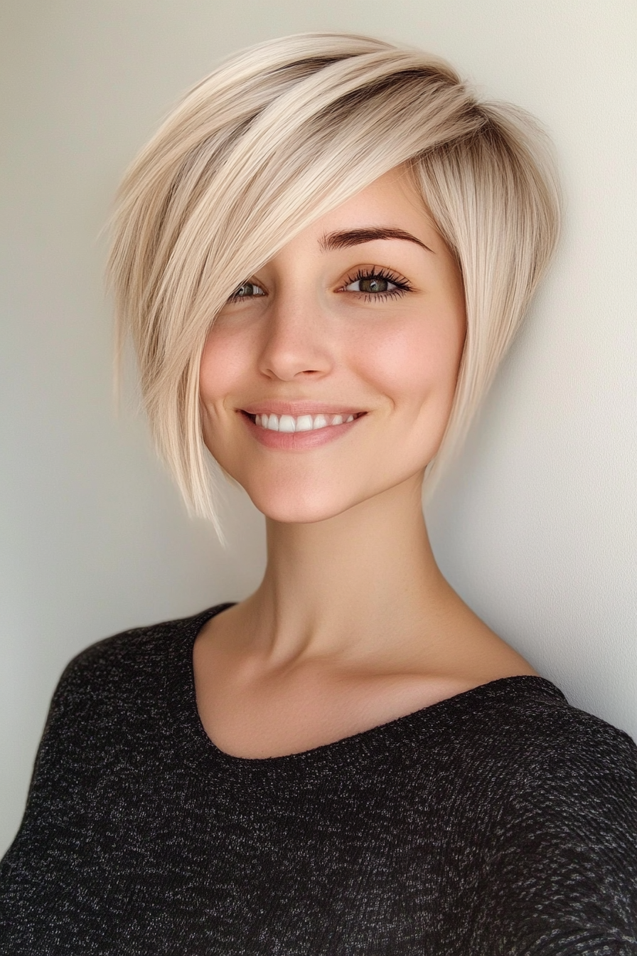 11. Undercut Pixie with Long Bangs in Neutral Ash Blonde (Short Blonde Hairstyles With Bangs) - Short Blonde Hairstyles With Bangs