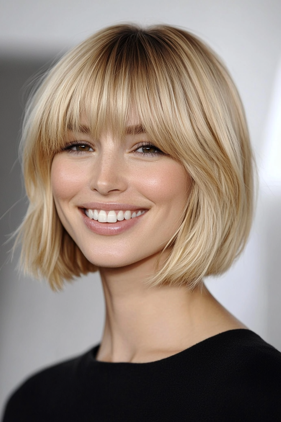 12. Classic French Bob with Full Fringe in Honey Blonde (Short Blonde Hairstyles With Bangs) - Short Blonde Hairstyles With Bangs