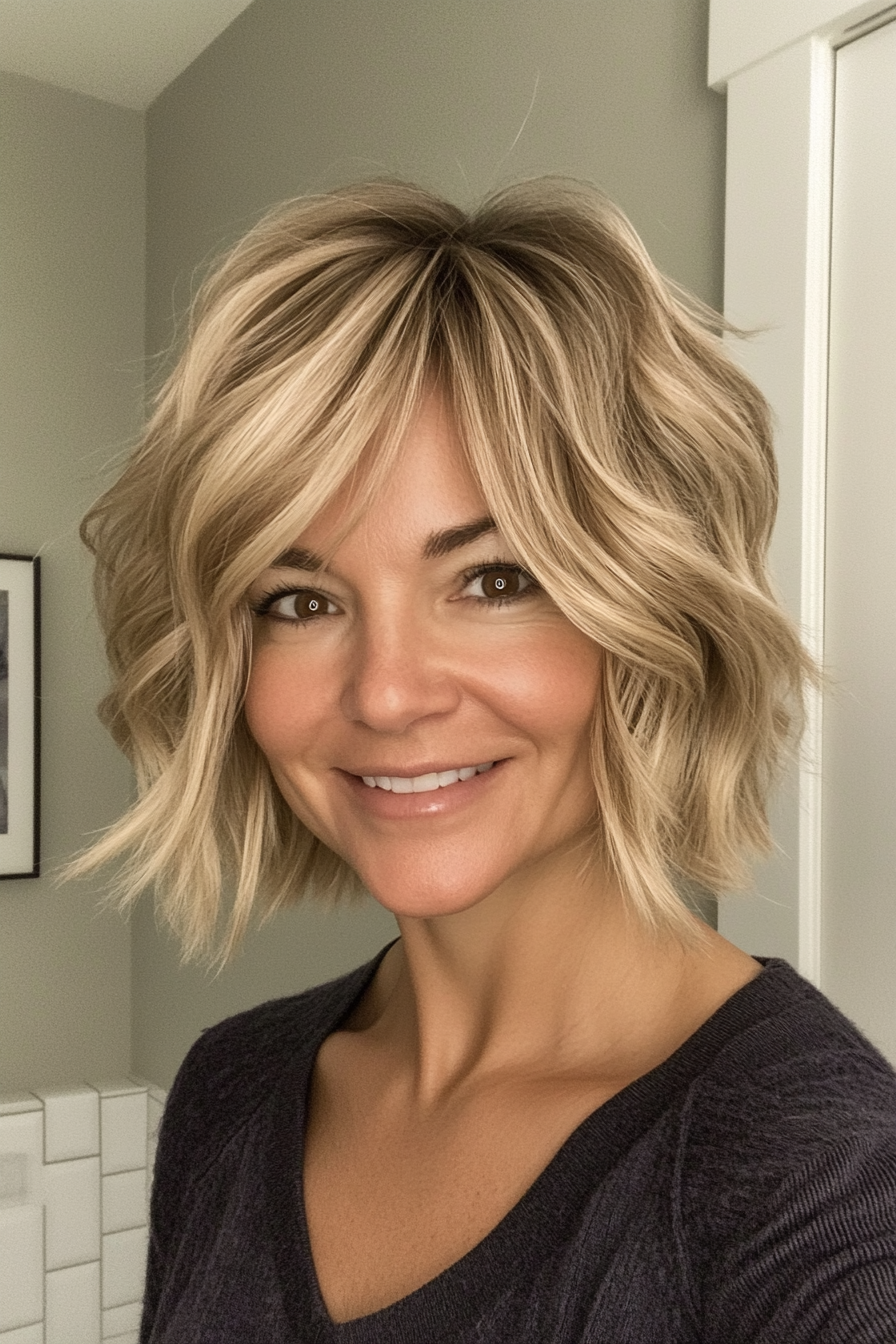 13. Voluminous Short Shag in Dark Honey Blonde (Short Blonde Hairstyles With Bangs) - Short Blonde Hairstyles With Bangs