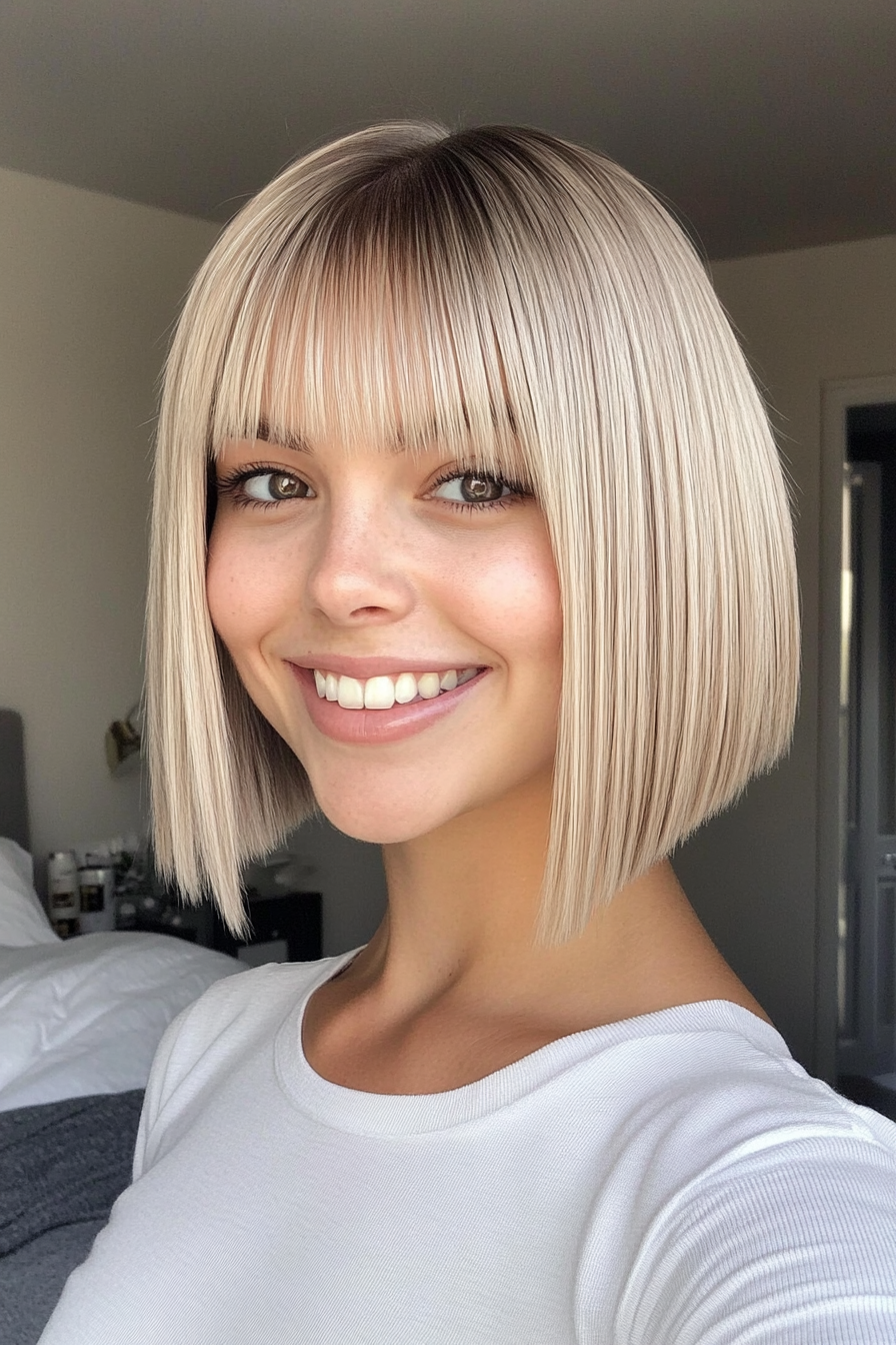 15. Sleek Blunt Bob with Straight Bangs in Cool Beige Blonde (Short Blonde Hairstyles With Bangs) - Short Blonde Hairstyles With Bangs