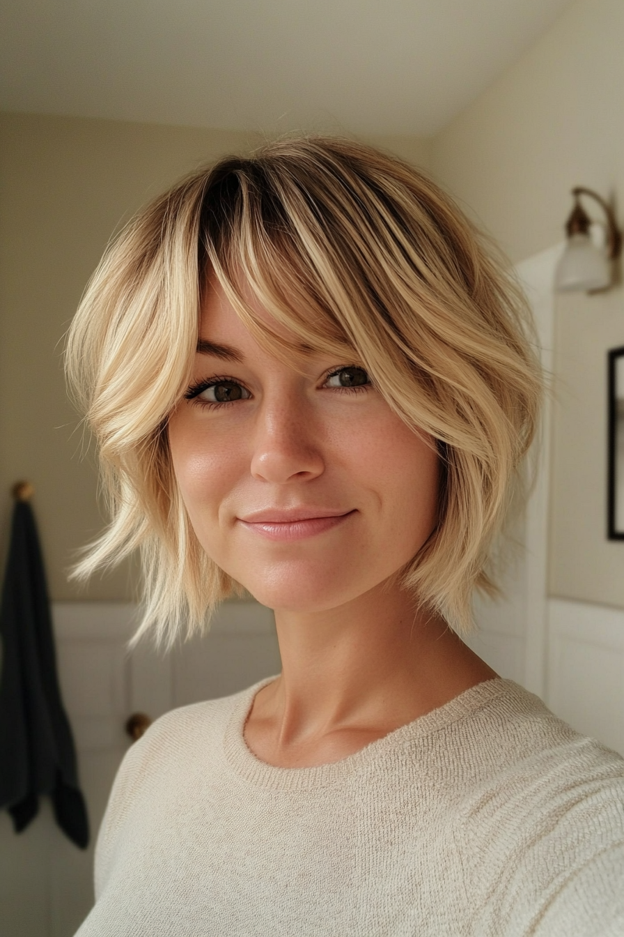 17. Classic Short Bob with Baby Bangs in Ash Brown Blonde (Short Blonde Hairstyles With Bangs) - Short Blonde Hairstyles With Bangs