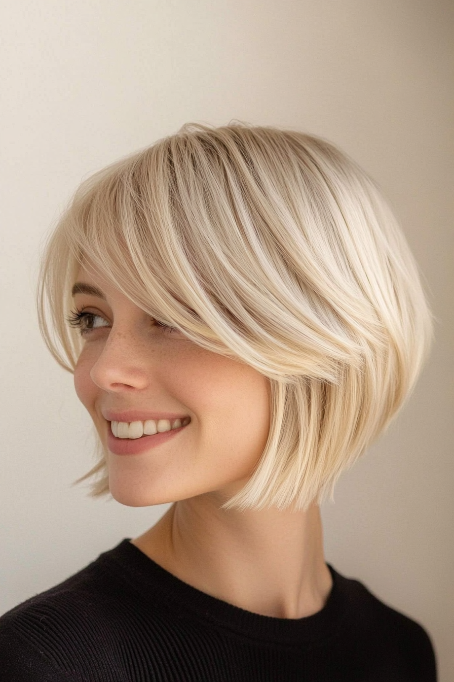 19. Short Feathered Bob with Side-Swept Fringe in Dark Natural Blonde (Short Blonde Hairstyles With Bangs) - Short Blonde Hairstyles With Bangs