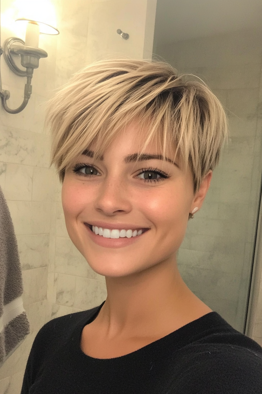 21. Layered Pixie with Piecey Bangs in Dark Ashy Blonde (Short Blonde Hairstyles With Bangs) - Short Blonde Hairstyles With Bangs