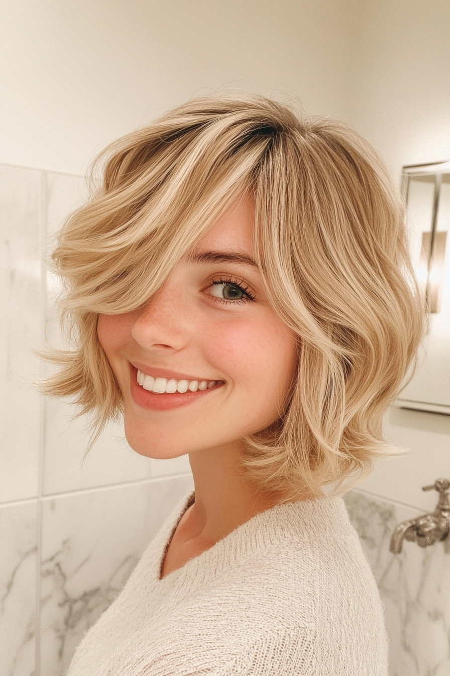 22. Soft Curled Bob with Face-Framing Bangs in Medium Golden Blonde (Short Blonde Hairstyles With Bangs) - Short Blonde Hairstyles With Bangs