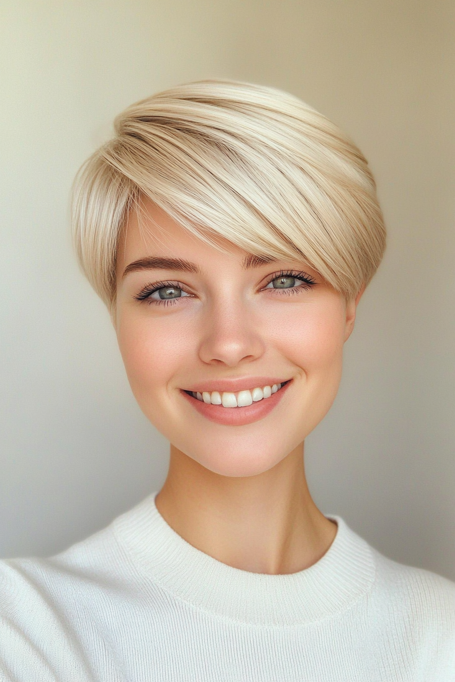 23. Sculpted Short Cut with Side-Parted Bangs in Light Sandy Blonde (Short Blonde Hairstyles With Bangs) - Short Blonde Hairstyles With Bangs