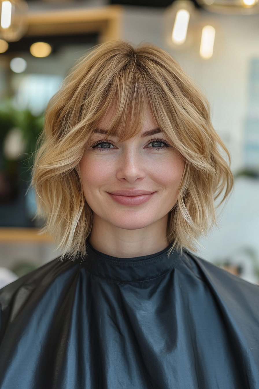 24. Wavy Lob with Wispy Bangs in Sun-Kissed Blonde (Short Blonde Hairstyles With Bangs) - Short Blonde Hairstyles With Bangs