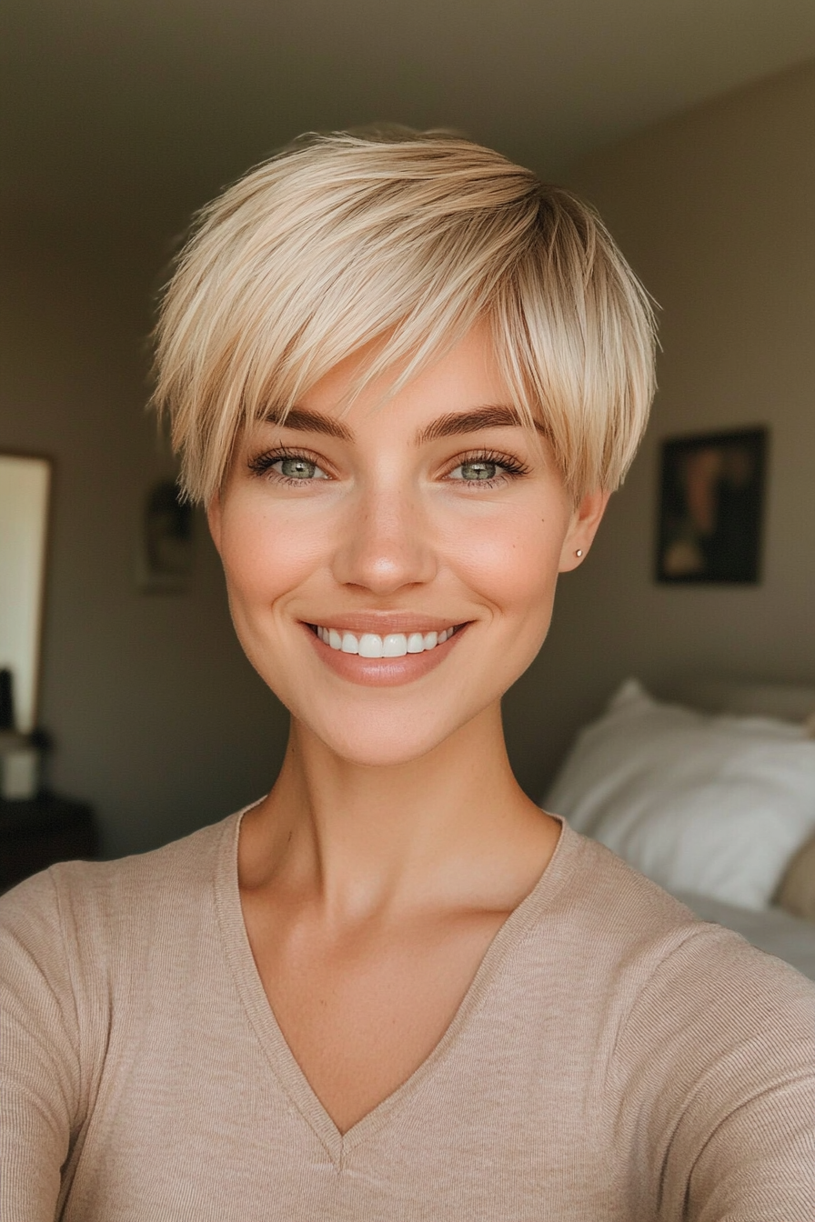 26. Choppy Pixie Cut with Soft Bangs in Soft Caramel Blonde (Short Blonde Hairstyles With Bangs) - Short Blonde Hairstyles With Bangs